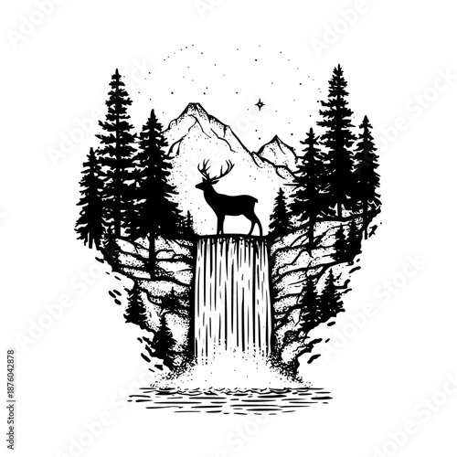 Escape to the wild a majestic deer surveys its kingdom amidst towering pines and cascading waterfalls today
