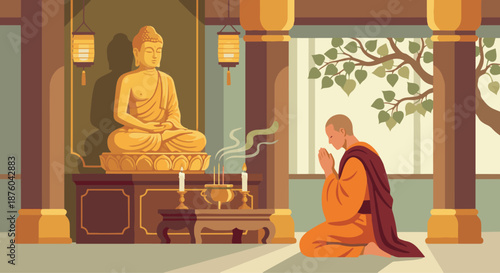 Buddhist Monk Praying at Temple
A flat vector illustration of a Buddhist monk praying in front of a Buddha statue or altar. Candles and incense visible. 