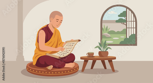 Buddhist Monk Reading Sutra
A flat vector illustration of a Buddhist monk reading a sutra scroll or book while seated on a cushion. Flat vector style, contemplative and calm scene.