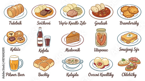 Assorted Traditional European Dishes and Beverages Illustrated on White Background
