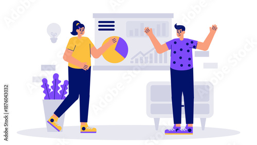 A woman pointing at a pie chart on a presentation board while discussing strategy with her male partner