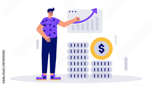 A man presenting financial growth charts next to large stacks of coins and a dollar currency symbol