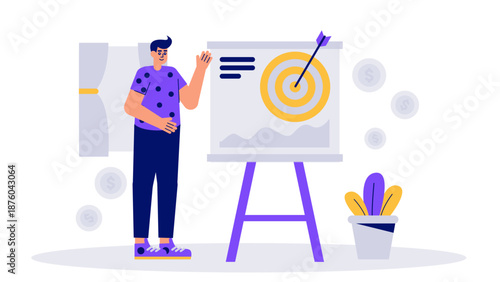 A man standing next to a large presentation board featuring a target with an arrow in the bullseye