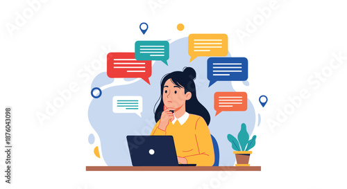 Woman working at a laptop, thoughtfully managing multiple online conversations and tasks represented by colorful speech bubbles.