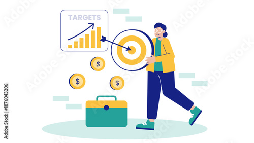 Businesswoman carrying a large target board representing achievement and financial goals