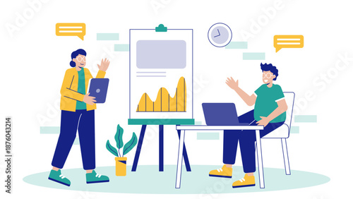 Corporate team discussing financial reports and data on a flip chart in the office