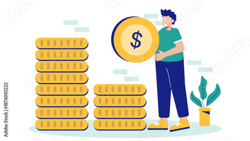 Successful businessman standing next to stacks of coins holding a large dollar currency