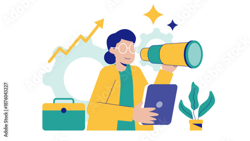 Businesswoman using a telescope and tablet to research future market trends