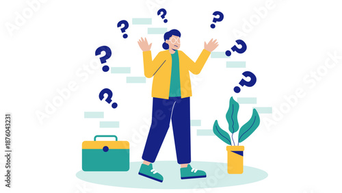 Businesswoman looking stressed and confused surrounded by many question marks