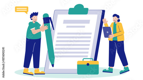 Two business professionals finalizing a deal by signing a giant document symbolizing a legal contract or partnership agreement