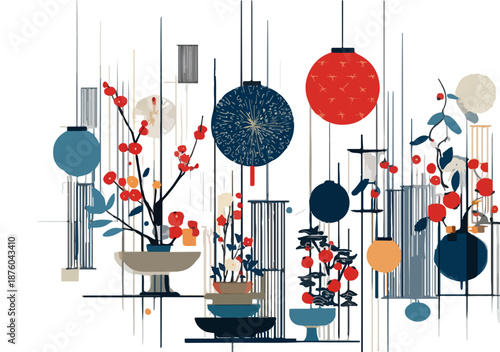 Abstrakte Komposition mit asiatischen Elementen, Blüten und Laternen im japanischen Stil