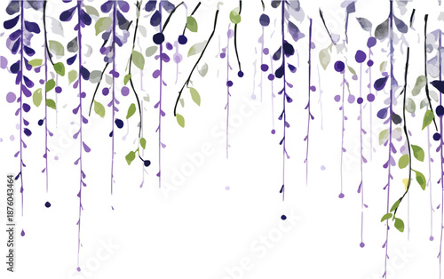 Zarte Aquarellmalerei von hängenden Glyzinienblüten und Blättern auf transparentem Hintergrund