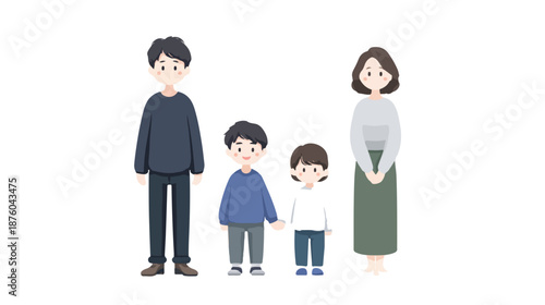 Eine glückliche Familie mit zwei Kindern steht zusammen und lächelt vor einem transparenten Hintergrund.