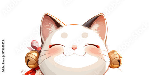 Glückskatze mit Glocken und Schleife, isoliert auf transparentem Hintergrund, niedliches Tier