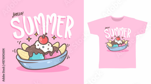 Summer banana ice cream illustration hand drawn, vector ready for print on t-shirt and other uses