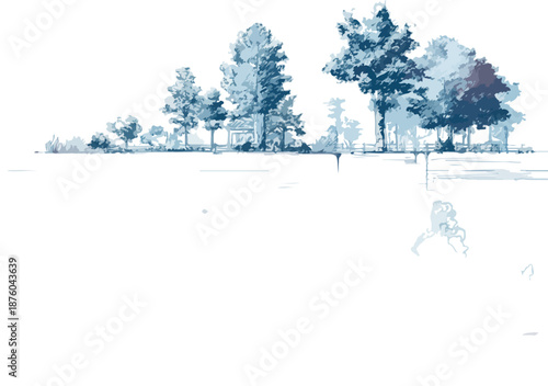 Skizzenhafte Darstellung von Bäumen und einer Landschaft mit transparentem Hintergrund, ideal für Design.