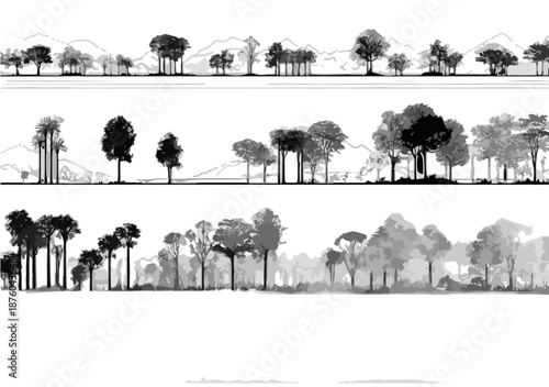 Architektonische Baumdarstellungen in verschiedenen Stilen und Silhouetten vor Berg- und Horizontlinien
