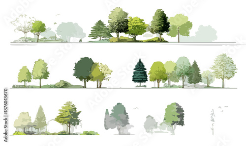 Verschiedene Baumarten und Landschaften in einem stilisierten, transparenten Design für grafische Ressourcen.