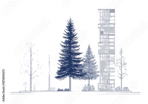 Moderne Architektur trifft auf Natur: Illustration von Bäumen und einem Hochhaus vor transparentem Hintergrund.