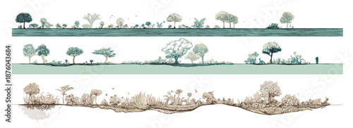 Drei stilisierte Landschaftsprofile mit Bäumen und Vegetation in verschiedenen Farben und Stilen, transparent
