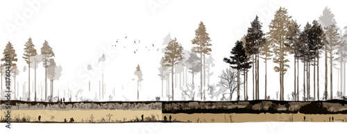 Abstrakte Darstellung eines Waldes mit verschiedenen Bäumen und Erdprofilen, die auf Transparenz hindeuten.