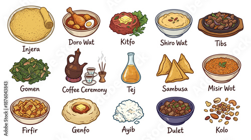 Assorted Ethiopian Dishes and Ingredients Displayed on a White Surface