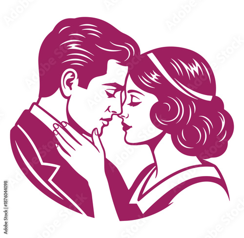 romantic couple sharing intimate moment face to face with love and affection in vintage style illustration