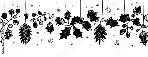 Handgezeichnete Weihnachtsgirlande mit Mistelzweigen, Tannenzweigen und Schneeflocken auf transparentem Hintergrund.