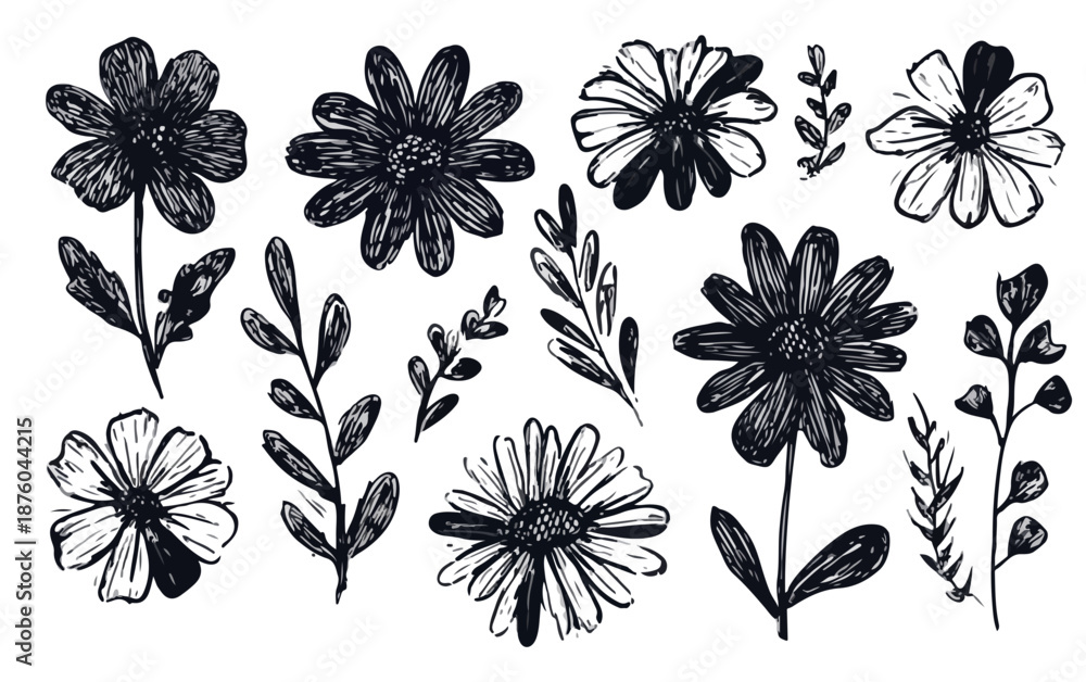 Obraz premium Handgezeichnete schwarze Blumen und Blätter auf transparentem Hintergrund, Skizzenstil.