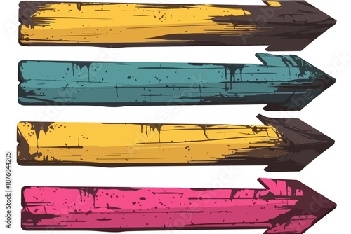 Vier hölzerne Pfeil-Schilder in verschiedenen Farben mit transparentem Hintergrund für Designelemente.