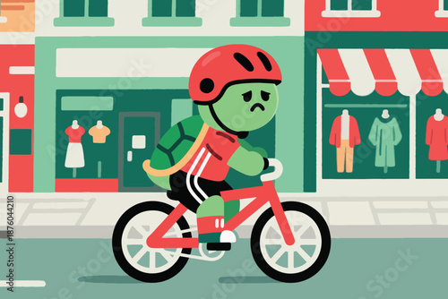 Sad green cartoon character riding red bicycle past storefronts with mannequins on colorful city street.