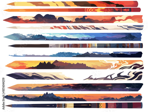 Abstrakte Landschaftsbilder auf Bleistiftspitzen: Sonnenuntergänge, Berge und abstrakte Muster