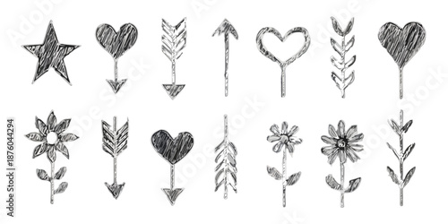 Handgezeichnete Elemente wie Sterne, Herzen, Pfeile und Blumen auf transparentem Hintergrund
