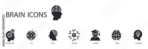 brain set icons outline and Flat Style,transparent background