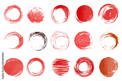 Sammlung von roten und schwarzen Pinselstrichen in Kreisform auf transparentem Hintergrund