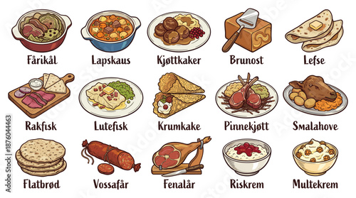 Assorted traditional dishes displayed on a clean white background, showcasing various culinary delights and local specialties in a visually appealing illustration