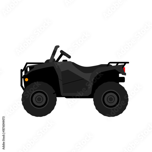 Black ATV Quad Bike Vector Illustration. Side View of Off-Road Four-Wheeler Vehicle Icon in Flat Design Style, Representing Leisure and Adventure Transportation.