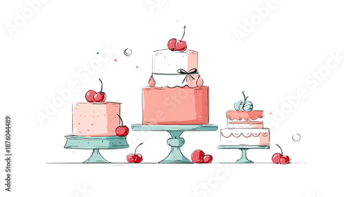 Drei handgezeichnete Torten mit Kirschen und transparentem Hintergrund, süße Leckereien für besondere Anlässe