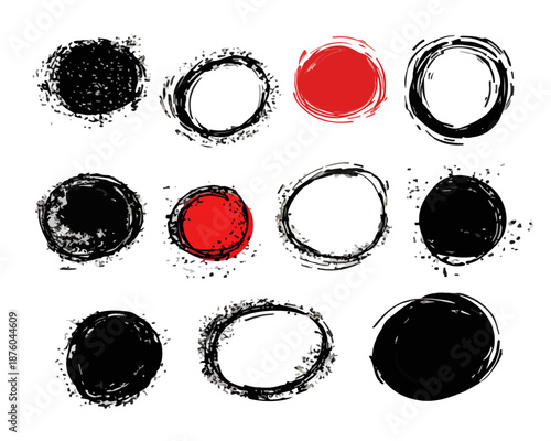 Kollektion von handgezeichneten Kreisen und Tupfen in Schwarz, Weiß und Rot auf transparentem Hintergrund