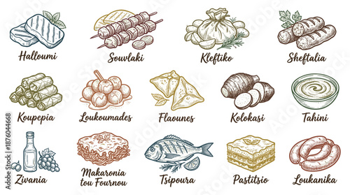 Assorted traditional European dishes and ingredients illustrated in a colorful grid layout