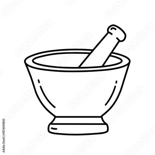 Mortar and Pestle Line Art Icon. Simple Vector Outline Symbol for Pharmacy, Chemistry Lab Equipment, and Traditional Medicine Grinding Tools.