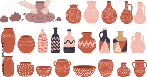Vector set of handcrafted pottery ceramic vases and bowls in earthy tones with hands shaping clay on a pottery wheel for artisan craft concept