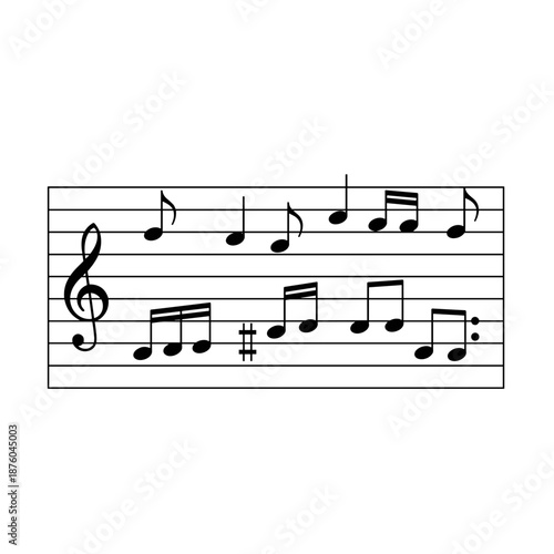 Musical Staff with Notes and Treble Clef - Simple Black and White Vector Illustration of Sheet Music Notation for Composition and Education