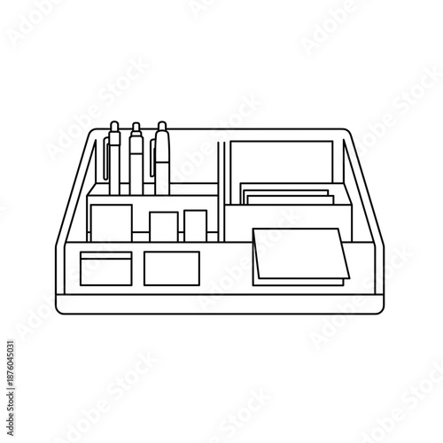 Minimalist Desk Organizer Line Art Icon Showing Stationery and Documents Storage
