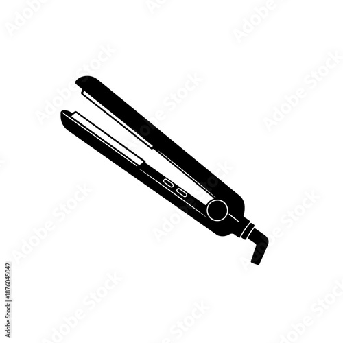 Hair Straightener Flat Iron Icon Vector Illustration. Black and White Minimalist Electric Styling Tool Silhouette.