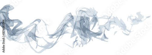 Transparenter blauer Rauch wirbelt und fließt in einer horizontalen Linie über weißem Hintergrund.