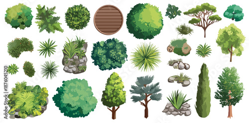 Sammlung von Bäumen und Sträuchern in der Draufsicht, isoliert auf weißem Hintergrund.