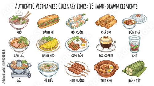 Hand-drawn illustrations of traditional Vietnamese cuisine and 15 distinct culinary delights in a clean white background