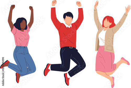 Flat vector illustration of three diverse young people jumping for joy with raised arms celebrating success happiness and freedom in casual modern clothing