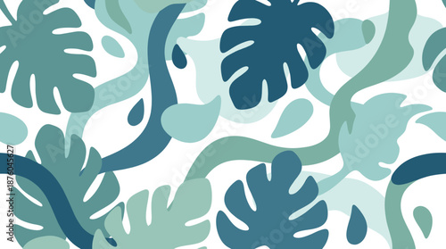 Vector of serene illustration of tropical leaves in various shades of blue and green on a white background from a top viewpoint